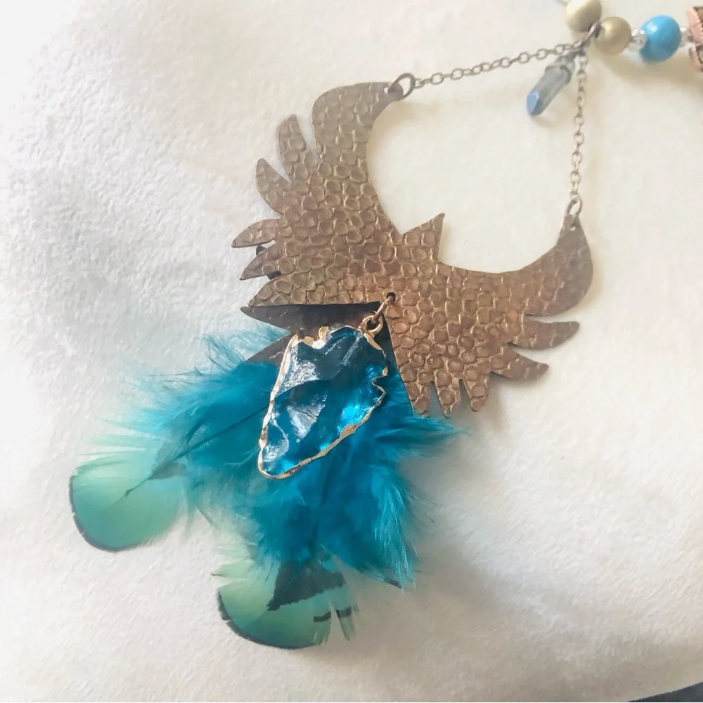 Handcrafted copper eagle Czech Pearl howlite stone clasp necklace